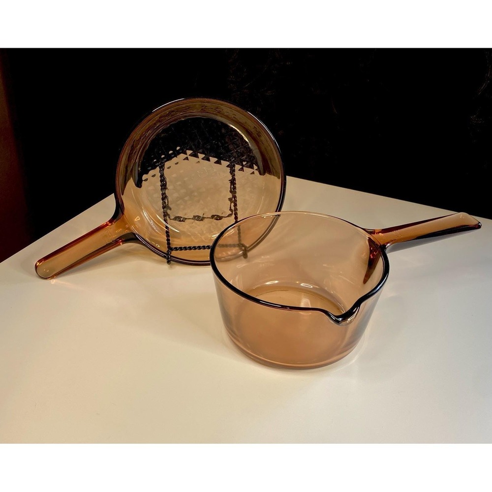 Vintage VisionCorning Ware Vision Amber 7" Waffle Skillet & 6" Sauce Pan USA